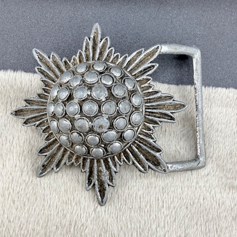 Vintage Flower Belt Buckle Atomic Silver Tone Signed Levy Bros